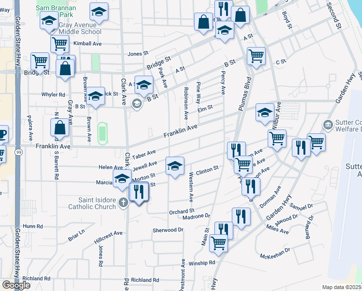 map of restaurants, bars, coffee shops, grocery stores, and more near 784 Taber Avenue in Yuba City