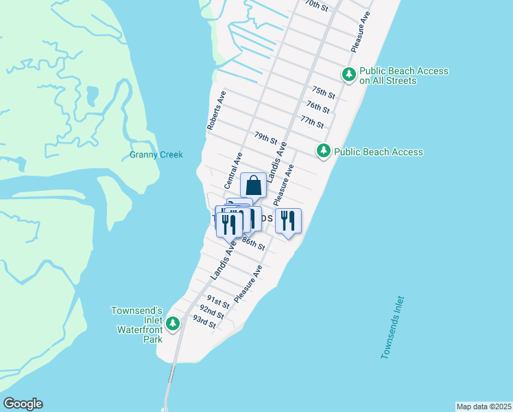 map of restaurants, bars, coffee shops, grocery stores, and more near 8301 Landis Avenue in Sea Isle City