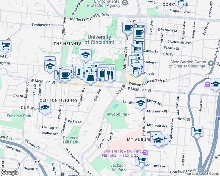 map of restaurants, bars, coffee shops, grocery stores, and more near 39 West McMillan Street in Cincinnati