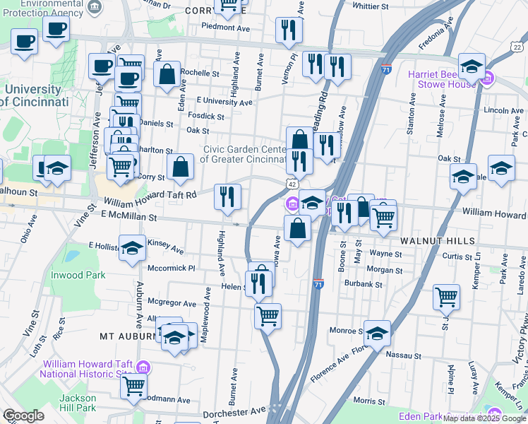 map of restaurants, bars, coffee shops, grocery stores, and more near 2520 Reading Road in Cincinnati