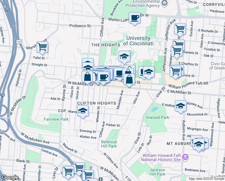 map of restaurants, bars, coffee shops, grocery stores, and more near 207 West McMillan Street in Cincinnati