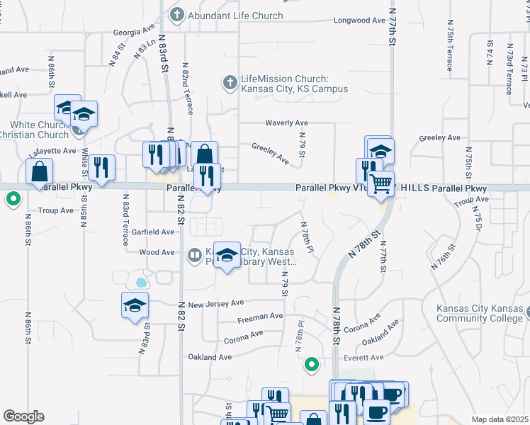 map of restaurants, bars, coffee shops, grocery stores, and more near 1931 North 80th Court in Kansas City