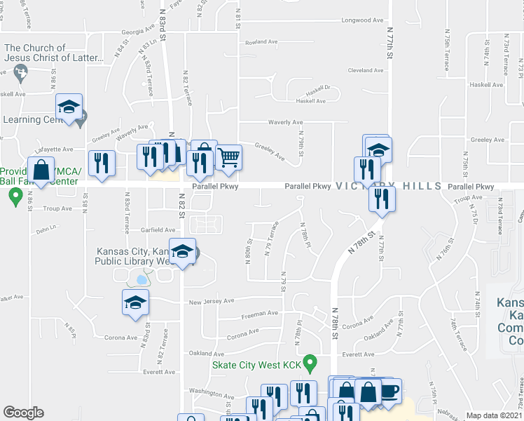map of restaurants, bars, coffee shops, grocery stores, and more near 1933 North 80th Court in Kansas City