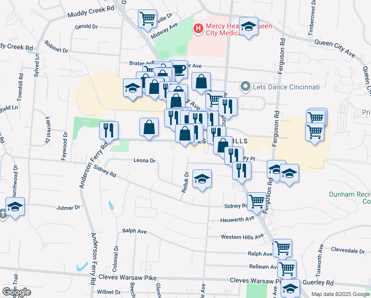 map of restaurants, bars, coffee shops, grocery stores, and more near 5107 Crookshank Road in Cincinnati