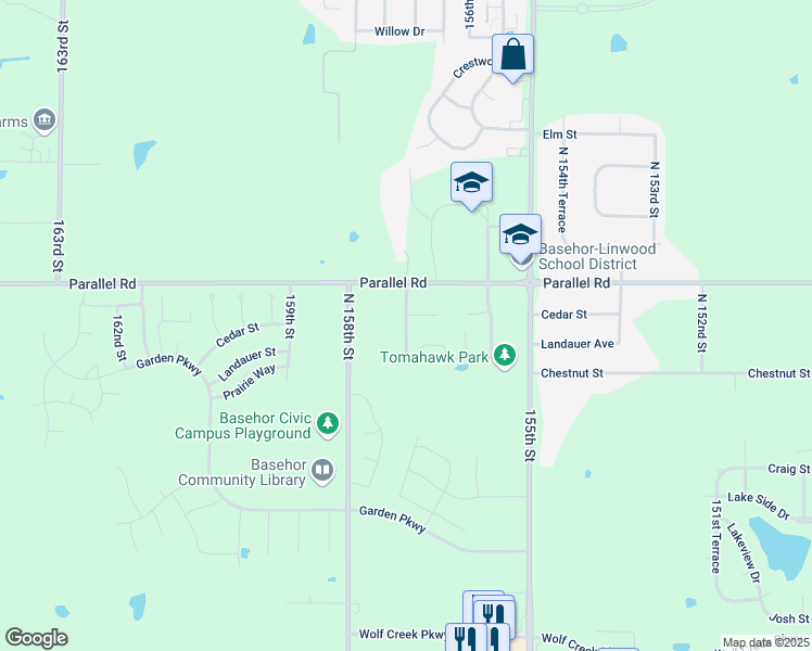map of restaurants, bars, coffee shops, grocery stores, and more near 157th Street in Basehor