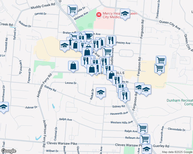 map of restaurants, bars, coffee shops, grocery stores, and more near 5045 Crookshank Road in Cincinnati