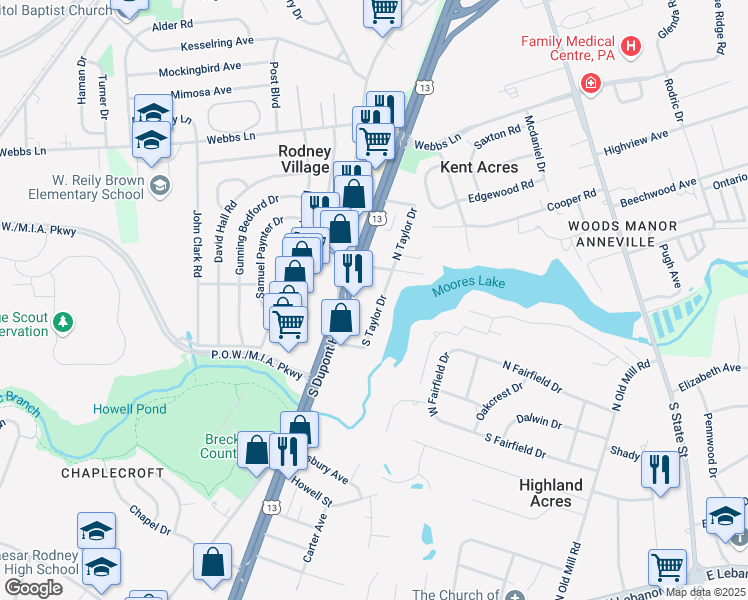 map of restaurants, bars, coffee shops, grocery stores, and more near 1750 South Taylor Drive in Dover