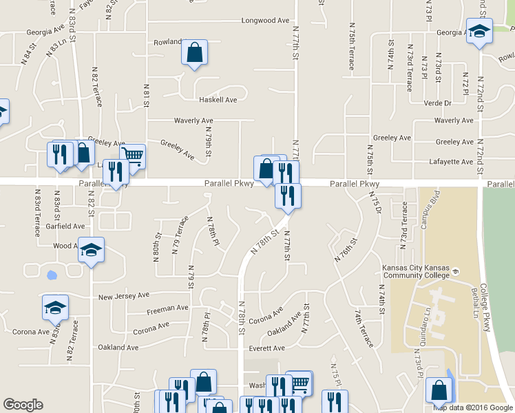 map of restaurants, bars, coffee shops, grocery stores, and more near 7830 Troup Avenue in Kansas City
