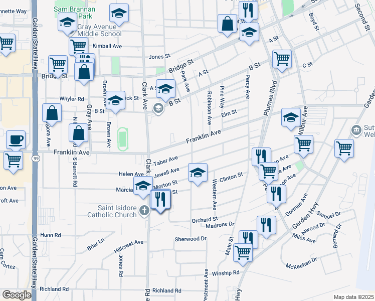 map of restaurants, bars, coffee shops, grocery stores, and more near 835 Taber Ave in Yuba City