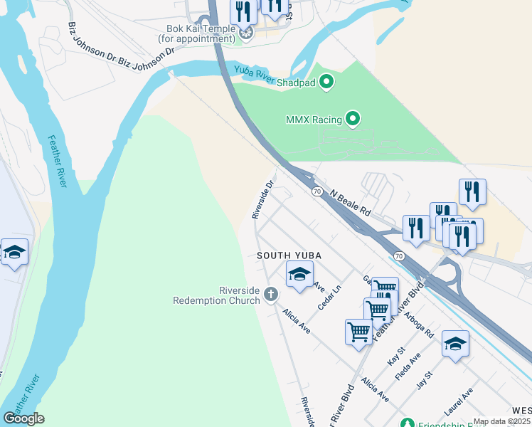 map of restaurants, bars, coffee shops, grocery stores, and more near 771 Sycamore Avenue in Olivehurst