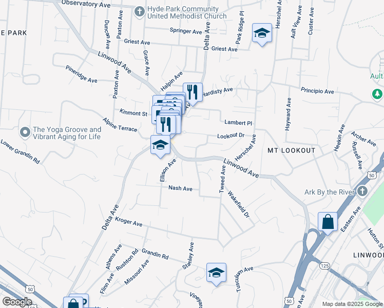 map of restaurants, bars, coffee shops, grocery stores, and more near 2910 Van Dyke Drive in Cincinnati