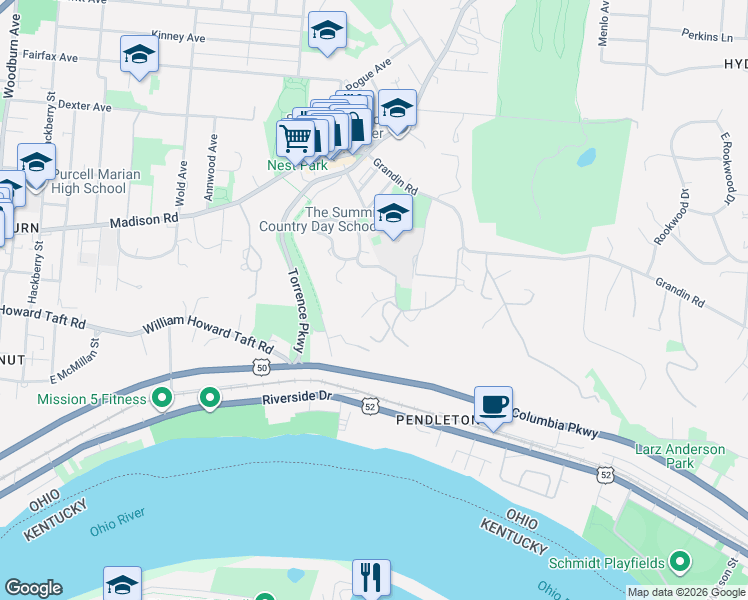 map of restaurants, bars, coffee shops, grocery stores, and more near 20 Grandin Lane in Cincinnati