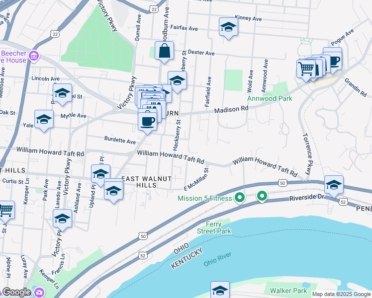 map of restaurants, bars, coffee shops, grocery stores, and more near 2625 Cleinview Avenue in Cincinnati