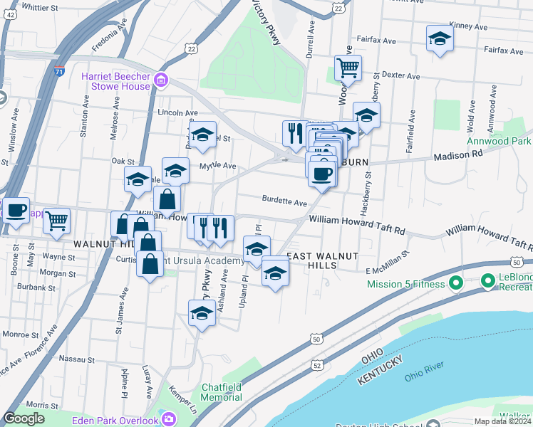 map of restaurants, bars, coffee shops, grocery stores, and more near 1328 William Howard Taft Road in Cincinnati