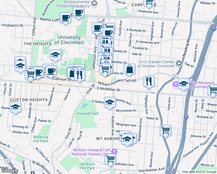 map of restaurants, bars, coffee shops, grocery stores, and more near 2508 Auburn Avenue in Cincinnati