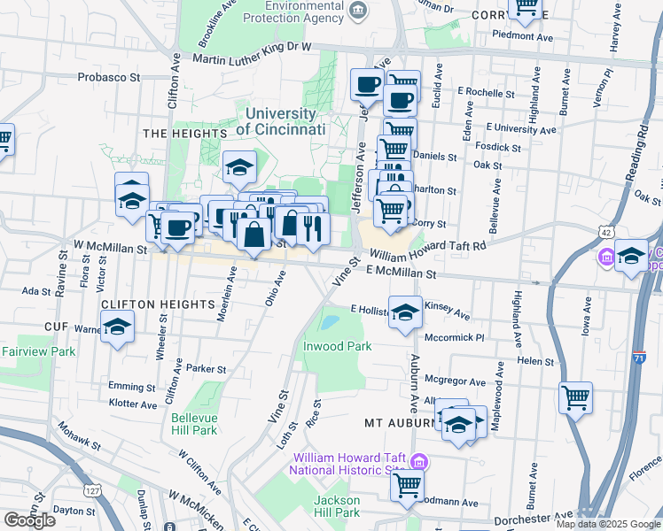 map of restaurants, bars, coffee shops, grocery stores, and more near 34 West McMillan Street in Cincinnati