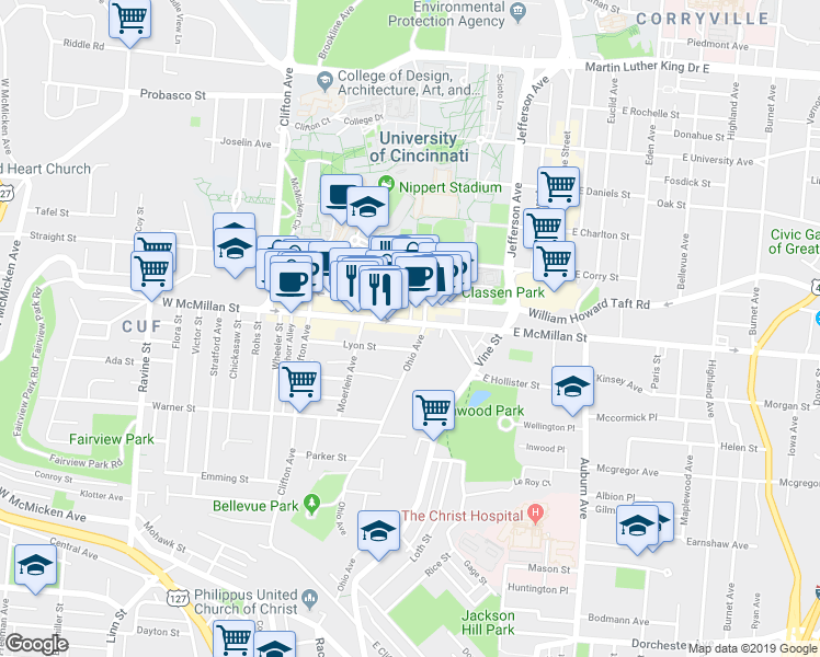 map of restaurants, bars, coffee shops, grocery stores, and more near 107 West McMillan Street in Cincinnati