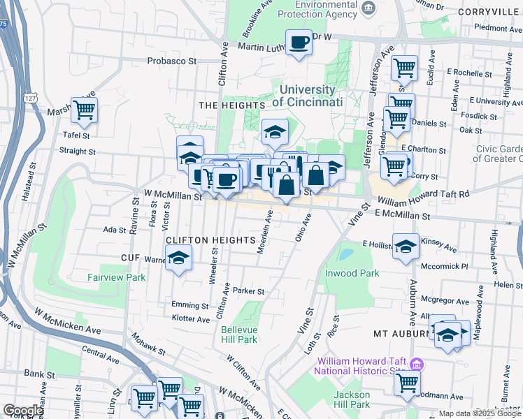 map of restaurants, bars, coffee shops, grocery stores, and more near 141 West McMillan Street in Cincinnati
