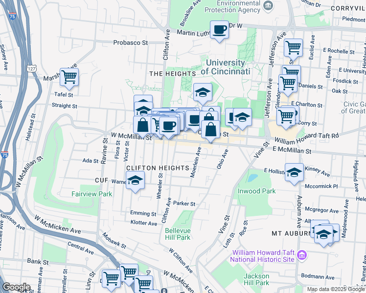 map of restaurants, bars, coffee shops, grocery stores, and more near 207 West McMillan Street in Cincinnati