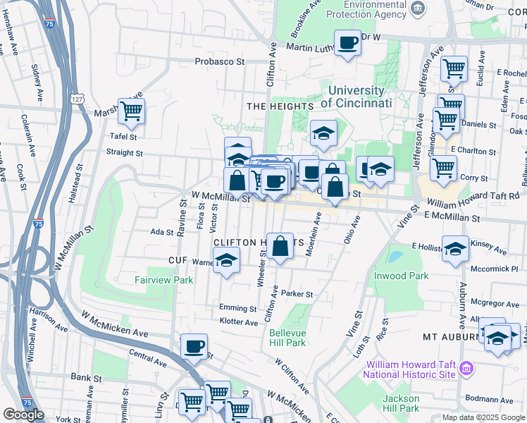 map of restaurants, bars, coffee shops, grocery stores, and more near 2377 Wheeler Street in Cincinnati