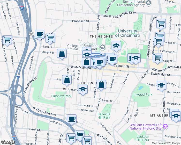 map of restaurants, bars, coffee shops, grocery stores, and more near 2374 Chickasaw Street in Cincinnati
