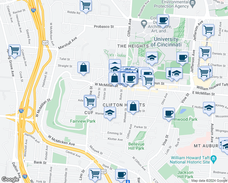 map of restaurants, bars, coffee shops, grocery stores, and more near 2374 Chickasaw Street in Cincinnati
