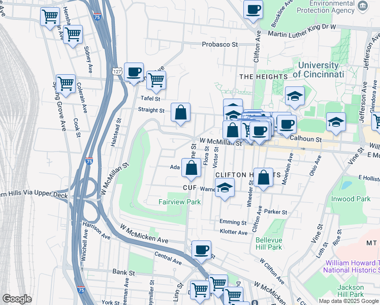 map of restaurants, bars, coffee shops, grocery stores, and more near 2472 Fairview Avenue in Cincinnati