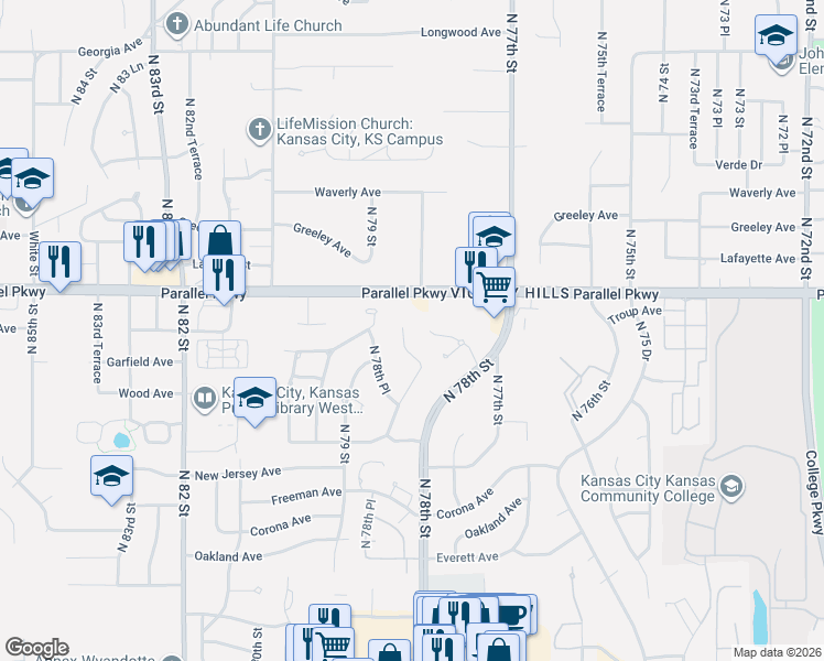 map of restaurants, bars, coffee shops, grocery stores, and more near 1921 North 78 Terrace in Kansas City