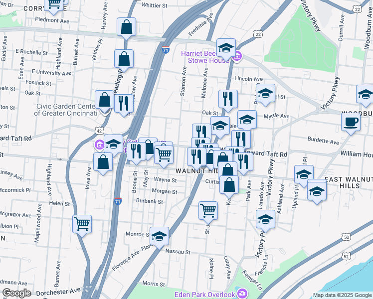 map of restaurants, bars, coffee shops, grocery stores, and more near 801 William Howard Taft Road in Cincinnati