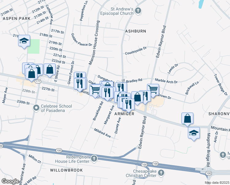 map of restaurants, bars, coffee shops, grocery stores, and more near 12 Melville Road in Pasadena