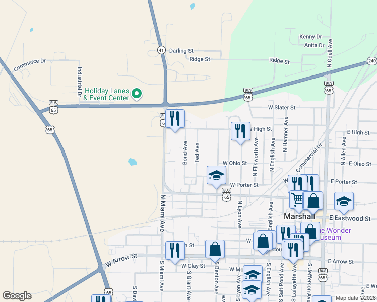 map of restaurants, bars, coffee shops, grocery stores, and more near 623 Bond Avenue in Marshall