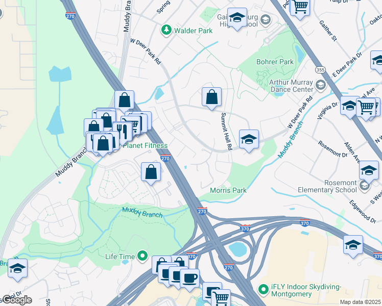 map of restaurants, bars, coffee shops, grocery stores, and more near 136 Duvall Lane in Gaithersburg