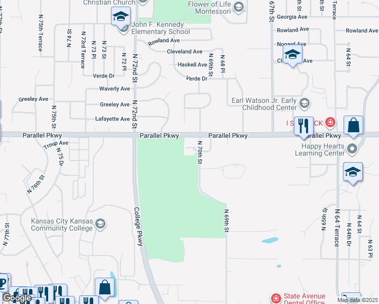 map of restaurants, bars, coffee shops, grocery stores, and more near 1900 North 70th Street in Kansas City