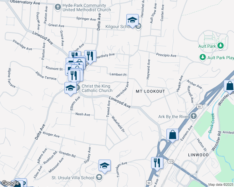 map of restaurants, bars, coffee shops, grocery stores, and more near 1117 Herschel Avenue in Cincinnati