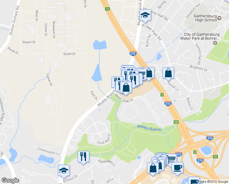 map of restaurants, bars, coffee shops, grocery stores, and more near 676 West Side Dr in Gaithersburg