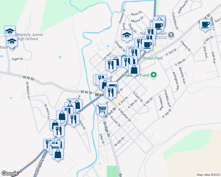 map of restaurants, bars, coffee shops, grocery stores, and more near 196 Ohio 104 in Waverly