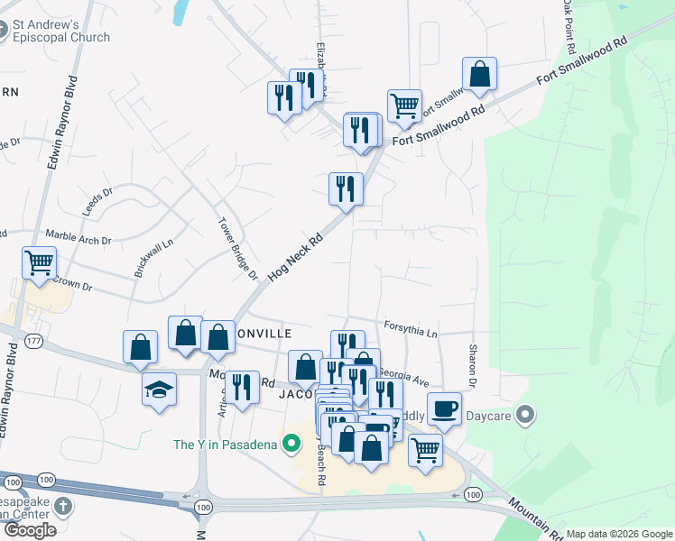 map of restaurants, bars, coffee shops, grocery stores, and more near 8129 Elizabeth Road in Pasadena