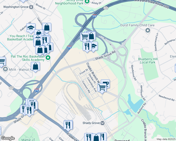 map of restaurants, bars, coffee shops, grocery stores, and more near 8052 Front Street in Derwood