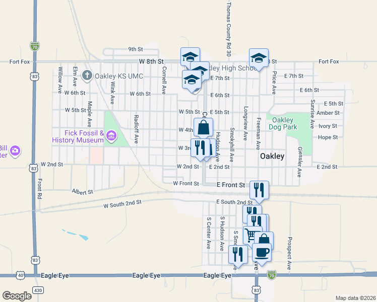map of restaurants, bars, coffee shops, grocery stores, and more near 201 West 3rd Street in Oakley