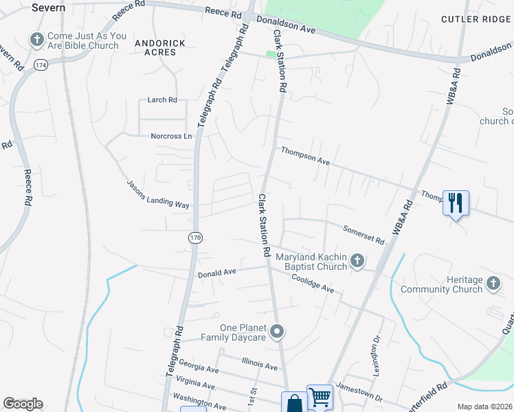 map of restaurants, bars, coffee shops, grocery stores, and more near 224 1st Street in Severn