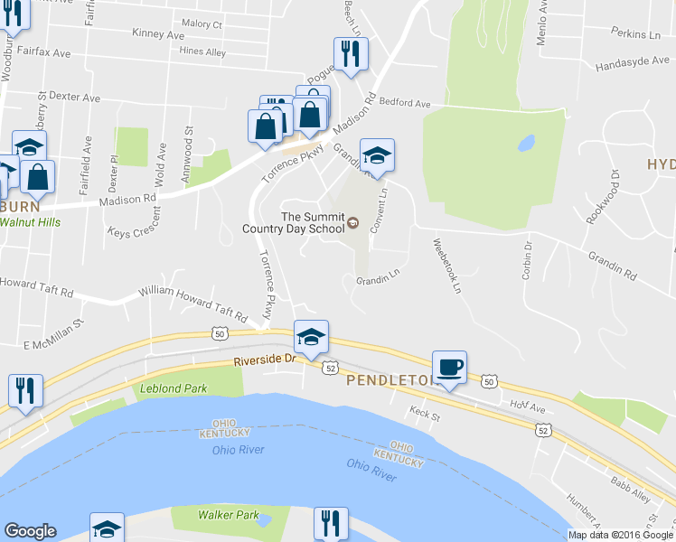 map of restaurants, bars, coffee shops, grocery stores, and more near 20 Grandin Lane in Cincinnati