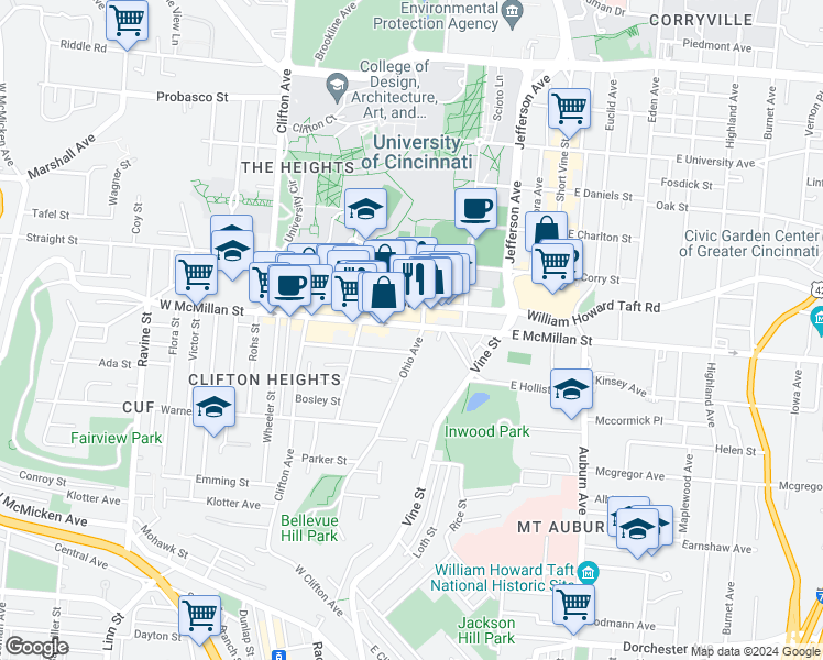 map of restaurants, bars, coffee shops, grocery stores, and more near 77 West McMillan Street in Cincinnati