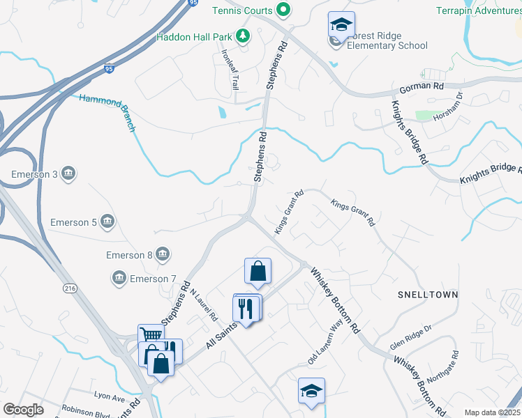 map of restaurants, bars, coffee shops, grocery stores, and more near 9626 Coronet Court in Laurel