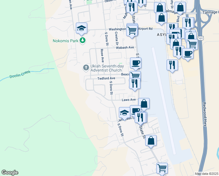 map of restaurants, bars, coffee shops, grocery stores, and more near 1606 South Dora Street in Ukiah