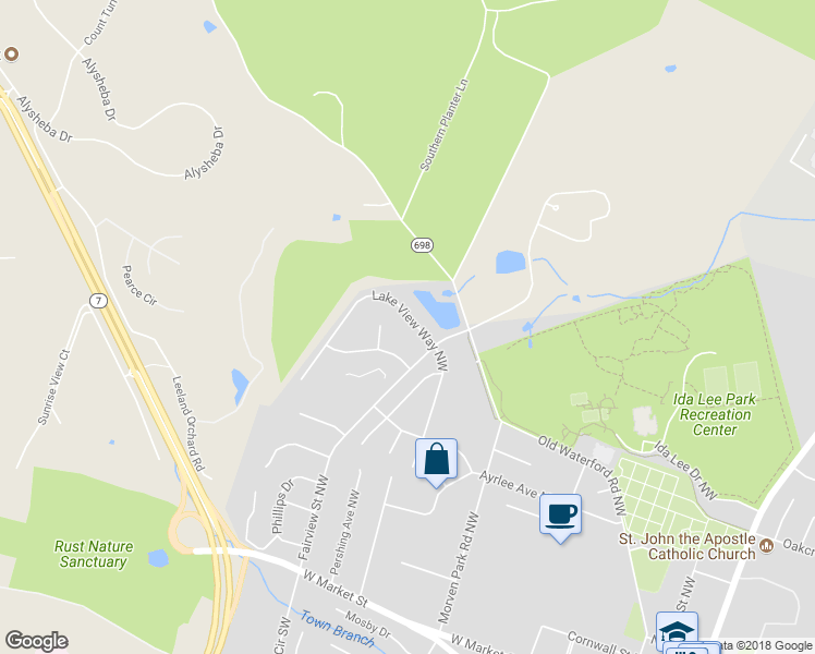 map of restaurants, bars, coffee shops, grocery stores, and more near 308 Lake View Way Northwest in Leesburg