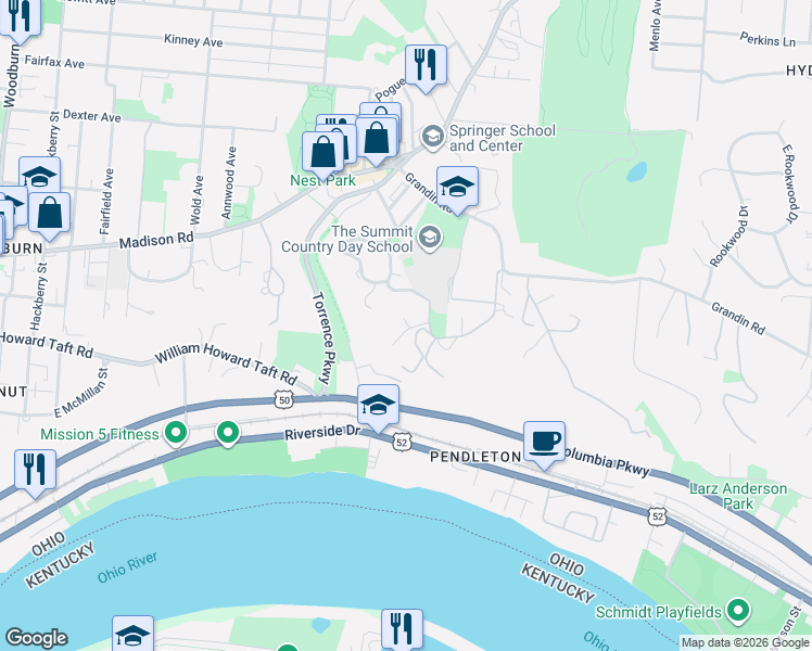 map of restaurants, bars, coffee shops, grocery stores, and more near 20 Grandin Lane in Cincinnati
