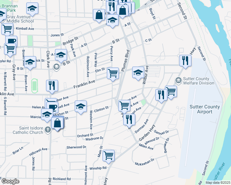 map of restaurants, bars, coffee shops, grocery stores, and more near 265 Percy Avenue in Yuba City