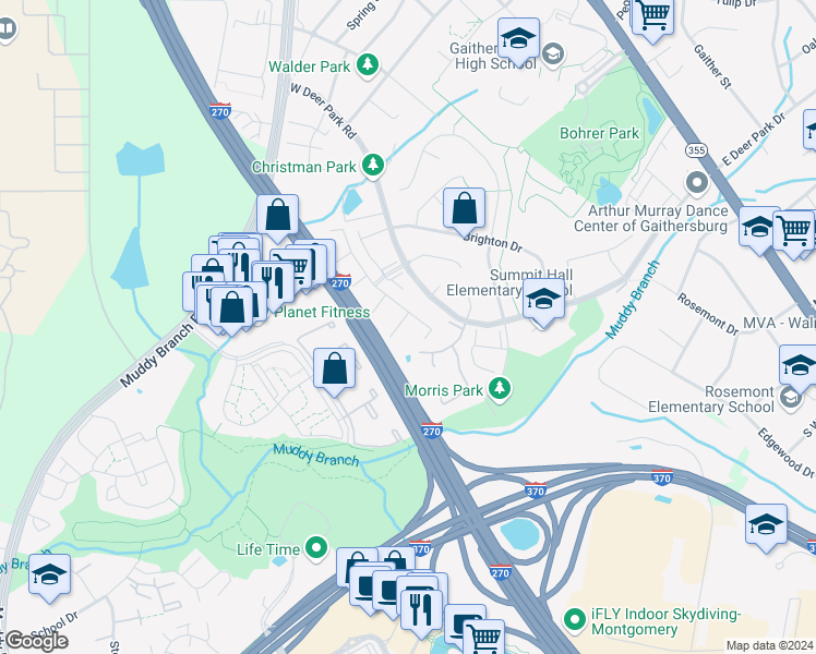 map of restaurants, bars, coffee shops, grocery stores, and more near 130 Duvall Lane in Gaithersburg