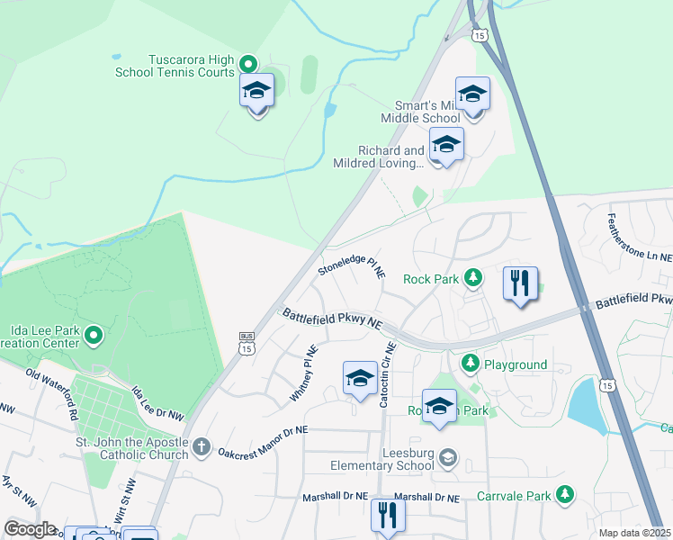 map of restaurants, bars, coffee shops, grocery stores, and more near 702 Clairmont Court Northeast in Leesburg