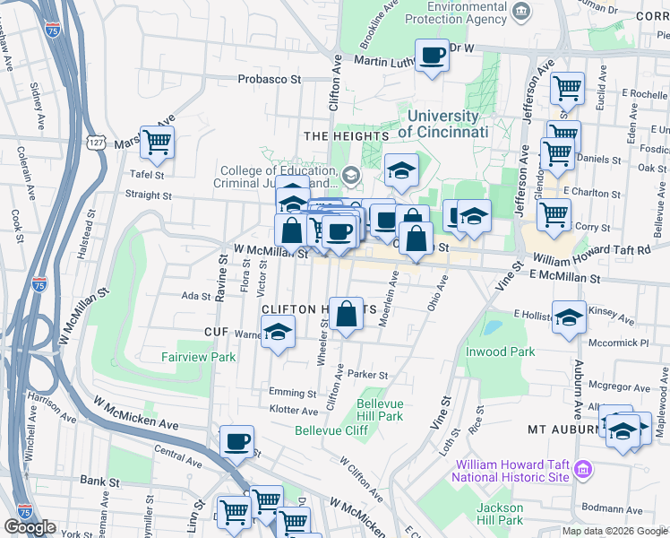 map of restaurants, bars, coffee shops, grocery stores, and more near 2377 Wheeler Street in Cincinnati